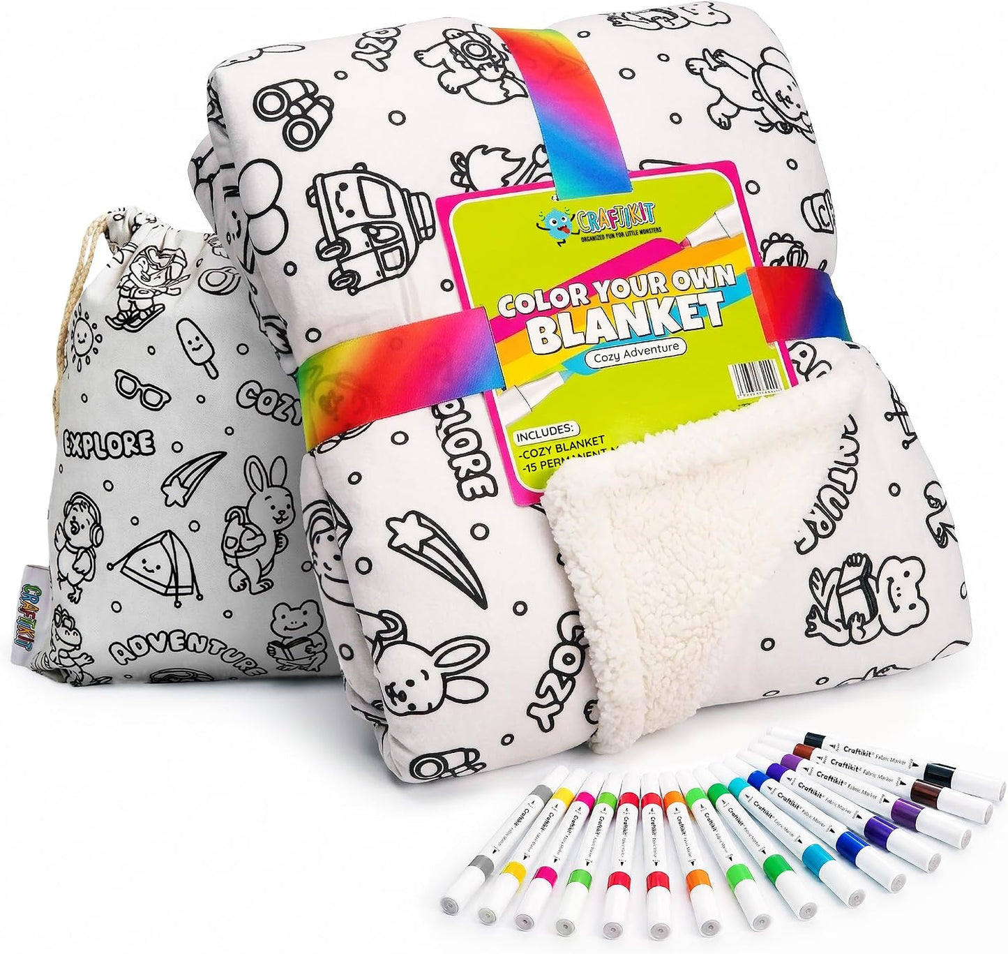 Cozy Coloring Blanket for Kids & Adults -15 Markers | 40" X 60", Fabric Markers Included, Permanent Vibrant Sherpa Fleece Design, Ages 3+, Machine Washable, Gift Wrapped