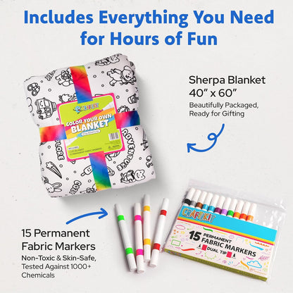 Cozy Coloring Blanket for Kids & Adults -15 Markers | 40" X 60", Fabric Markers Included, Permanent Vibrant Sherpa Fleece Design, Ages 3+, Machine Washable, Gift Wrapped